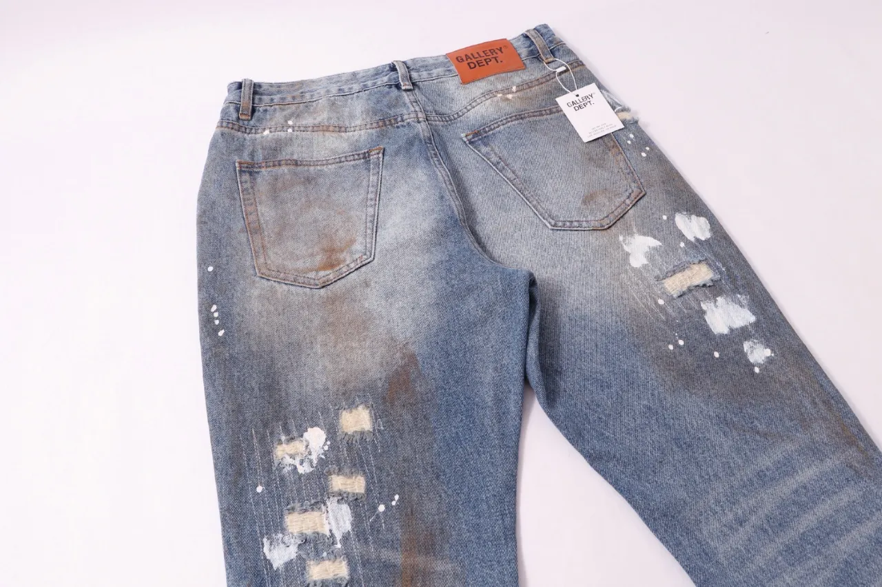 671#Gallery Dept New style embroidered patches, old splashed ink and paint, heavy-duty bootcut jeans, dirty trousers, high street fashionable trousers, casual and versatile trousers, washed blue S~XL P260